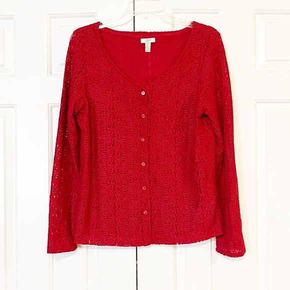 J. Jill Deep Red Lace Long Sleeve Button Front Cardigan. Size Women;'s Medium - Picture 4 of 12
